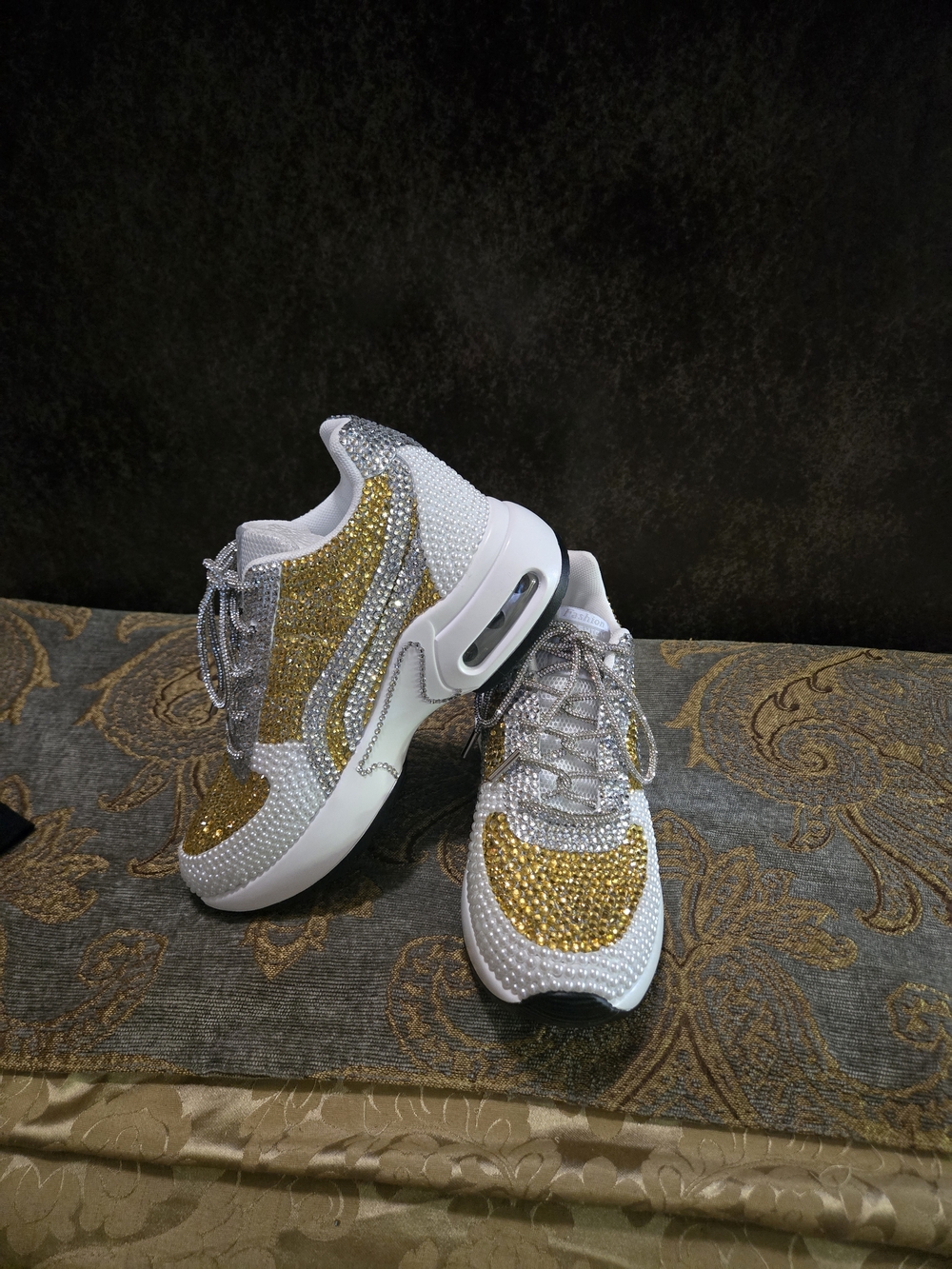 Women's White and Gold Crystal Embellished Athletic Sneakers